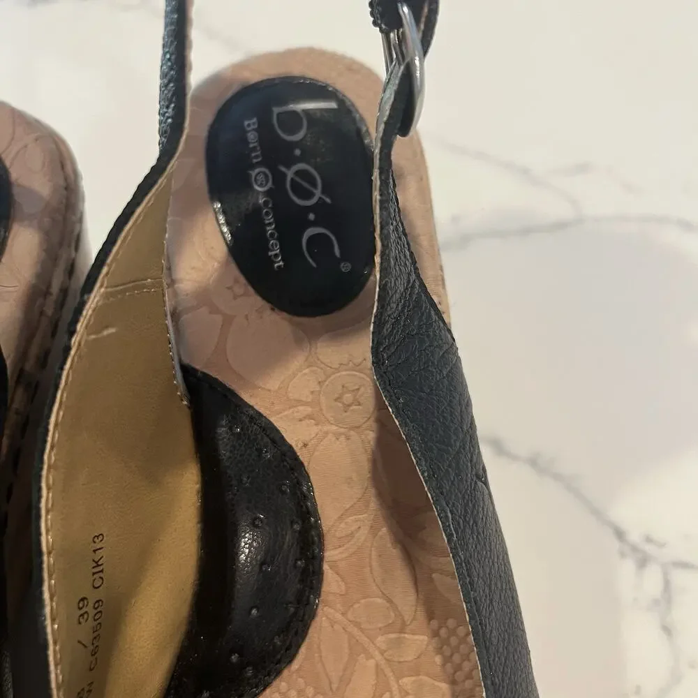 Born BOC Concept Sandals Sz 8 Leather cork Wedge Slingback Rosettes